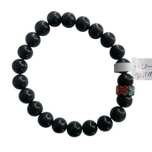 Black Tourmaline Stretch Bracelet with Flower center
